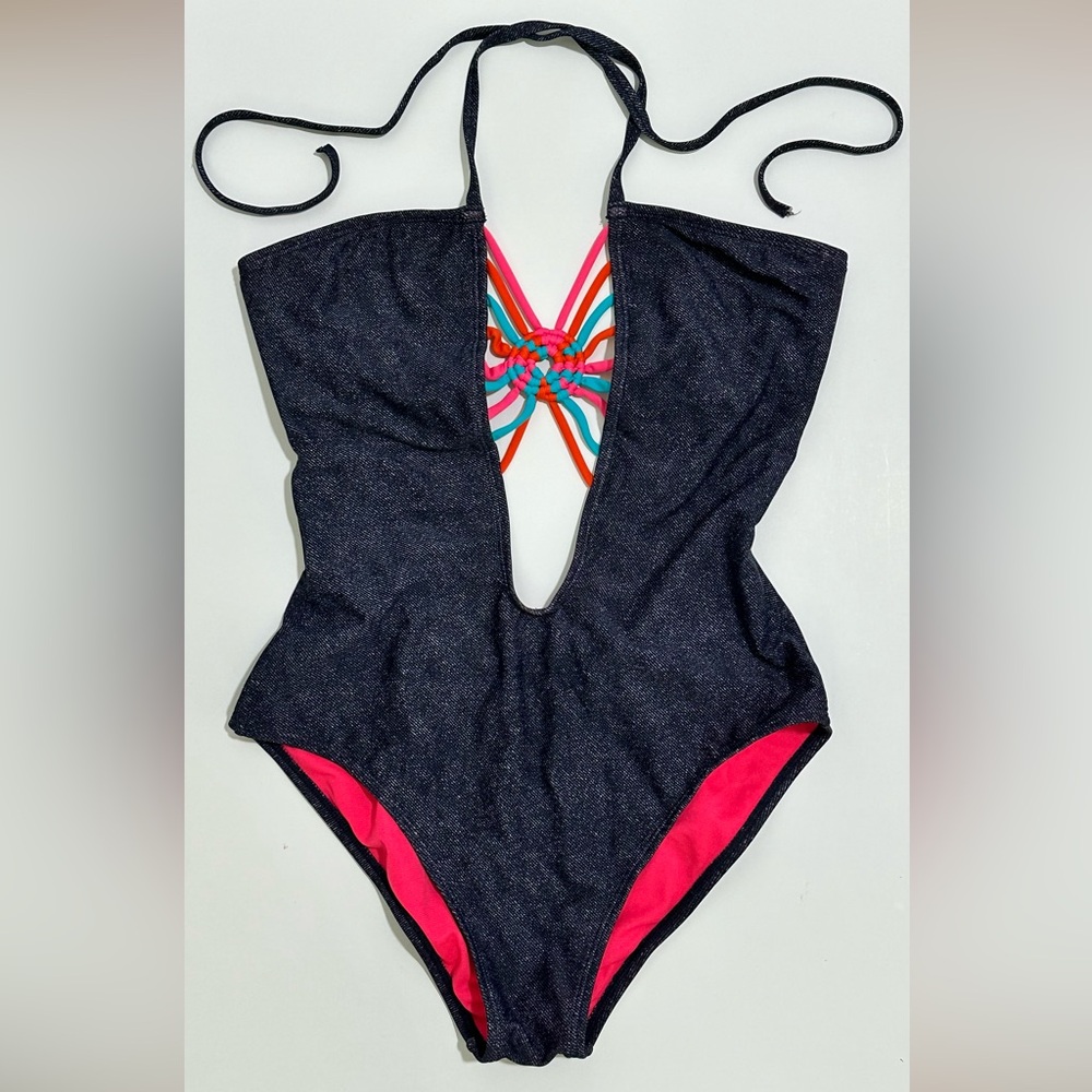 Roxy One-Piece Swimsuit Small – Denim Look w/ Colorful Strappy Cutout - S